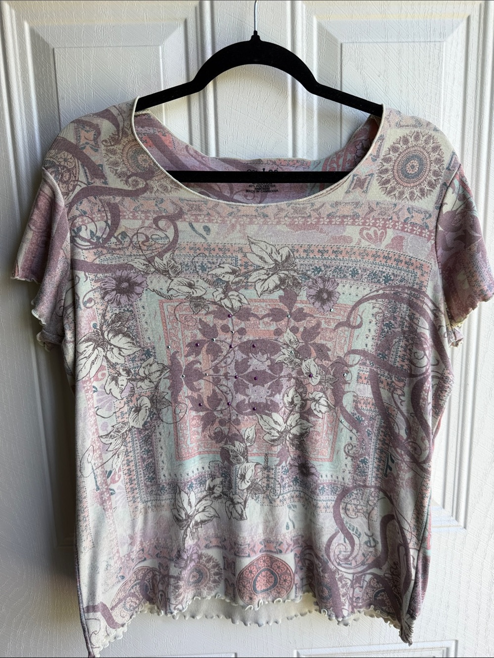 Boho Floral Paisley Women’s Top Medium Pink Cottagecore Rhinestone Detail